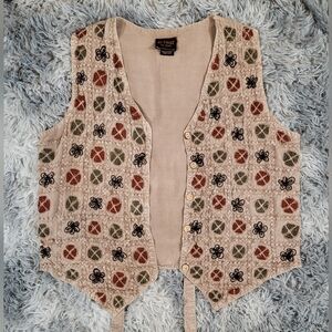 VTG At First Women's Free Size Tan Crochet Embroidered Pattern Button Up Vest